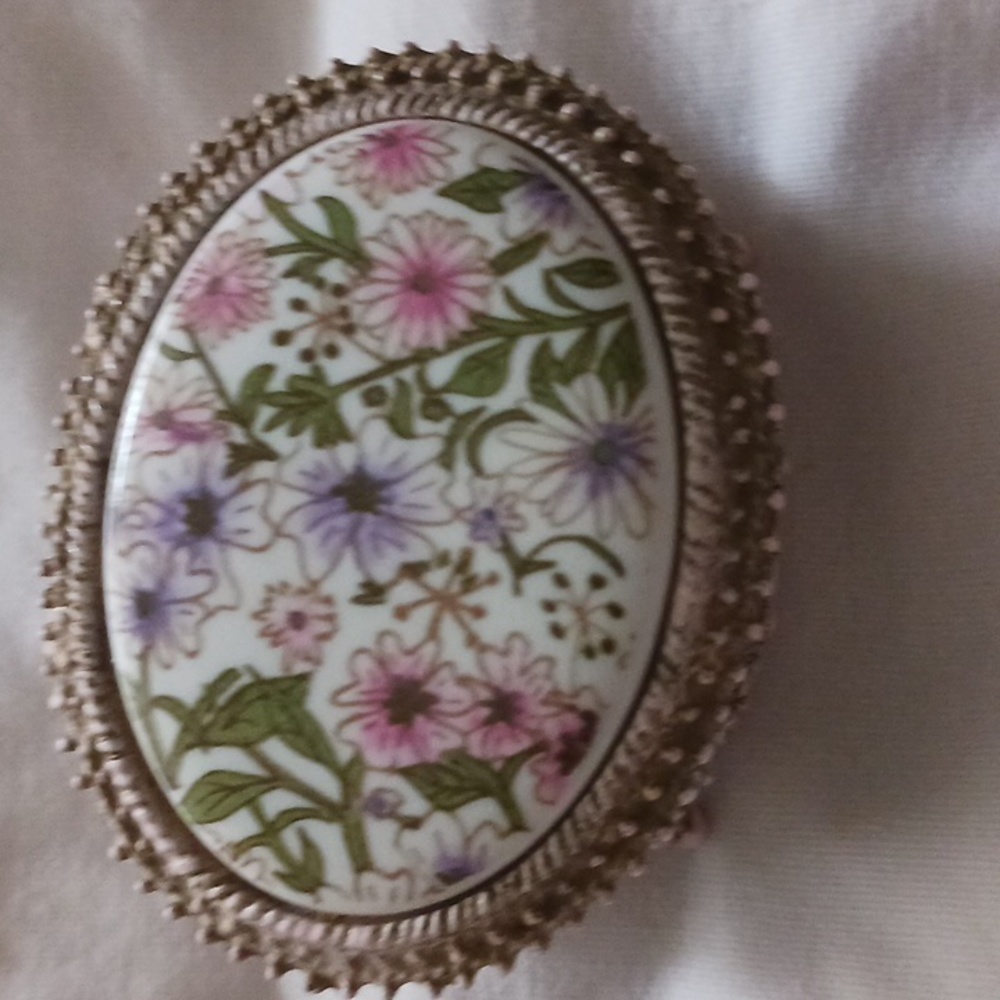 Miniature hinged trinket box floral top VTG metal.